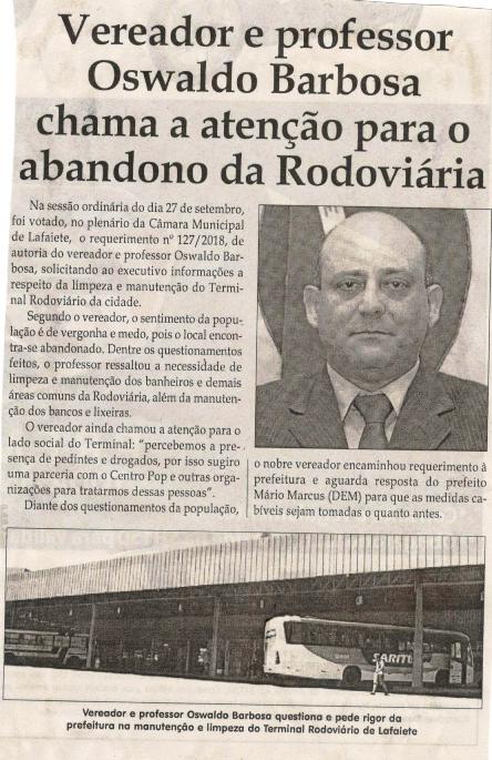 Vereador e professor Oswaldo Barbosa chama a atenção para o abandono da Rodoviária. Jornal Correio da Cidade, 13 out. 2018 a 19 out. 2018. 1443ª ed., Caderno Política, p. 4.