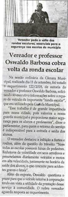 Vereador e professor Oswaldo Barbosa cobra volta da ronda escolar. Jornal Correio da Cidade, 15 set. 2018 a 21 set. 2018. 1439ª ed., Caderno Política, p. 2.