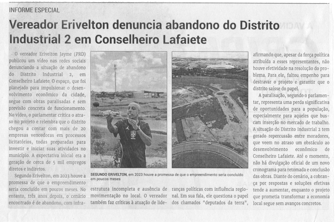 Vereador Erivelton denuncia abandono do Distrito Industrial 2 em Conselheiro Lafaiete. Jornal Correio da Cidade, Conselheiro Lafaiete, 28 mar. a 03 abr. 2026, 1820ª ed., Política, p. 4.