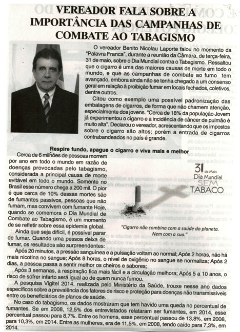 Vereador fala sobre a importância das campanhas de combate ao tabagismo. Jornal Gazeta, Conselheiro Lafaiete, 880ª ed., Ano XXX, Caderno Gerais, p. 9.