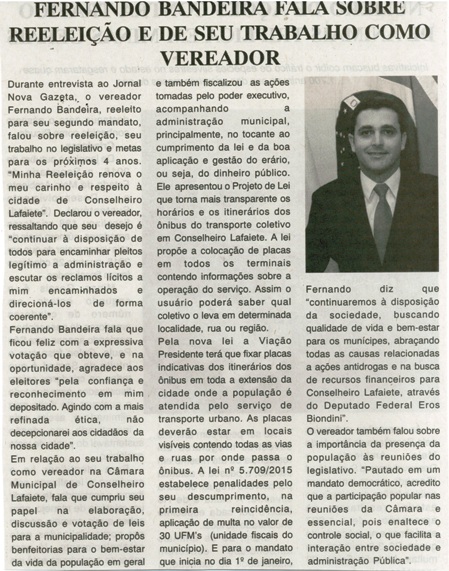 Vereador Fernando Bandeira fala sobre reeleição e de seu trabalho como vereador. Jornal Nova Gazeta, Conselheiro Lafaiete, 19 a 25 nov. 2016, 896ª ed., ano XXX, Caderno Gerais, p. 8.