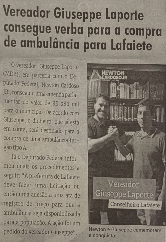 Vereador Giuseppe Laporte consegue verba para a compra de ambulância para Lafaiete. Jornal Correio da Cidade, Conselheiro Lafaiete, 30 de jul. de 2022, 1638ª ed., Caderno Política, p. 6.