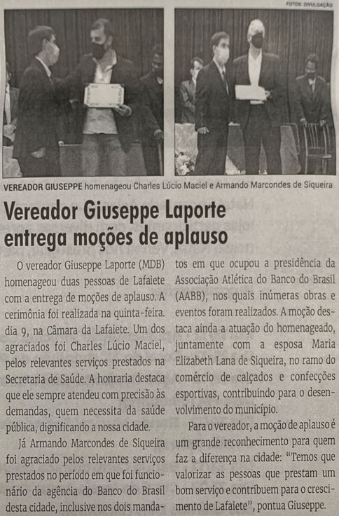 Vereador Giuseppe Laporte entrega moções de aplauso. Jornal Correio da Cidade, Conselheiro Lafaiete, 18 de dez. de 2021, 1607ª ed., Caderno Política, p. 4.
