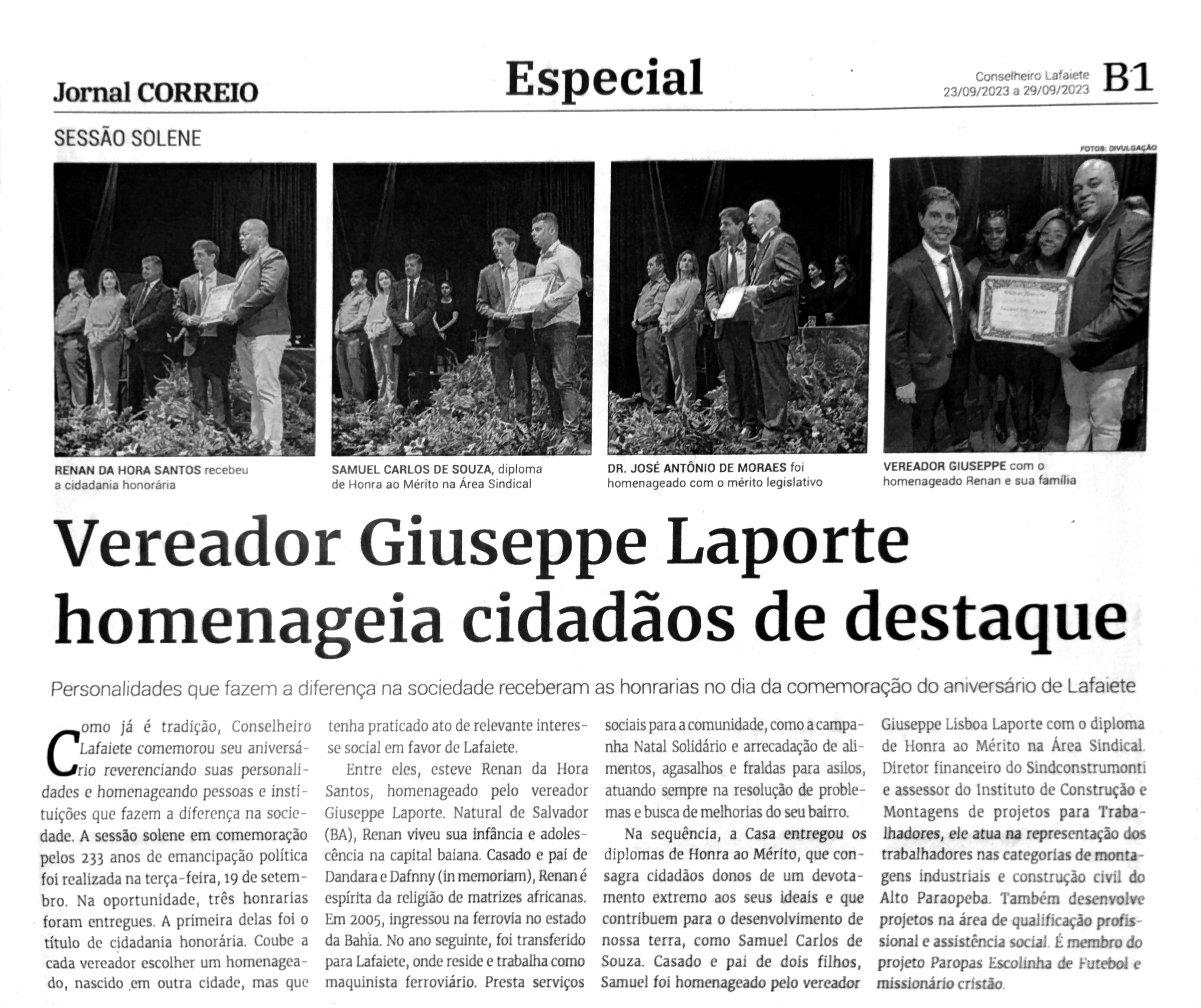 Vereador Giuseppe Laporte homenageia cidadãos de destaque. Jornal Correio da Cidade, Conselheiro Lafaiete de 23 a 29 de set. de 2023, 1698ª ed., Especial, p. B1.