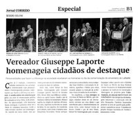 Vereador Giuseppe Laporte homenageia cidadãos de destaque. Jornal Correio da Cidade, Conselheiro Lafaiete de 23 a 29 de set. de 2023, 1698ª ed., Especial, p. B1.