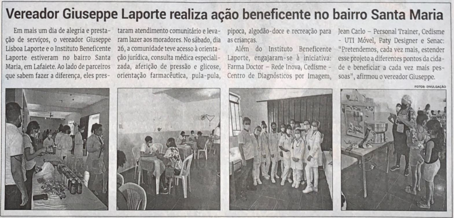 Vereador Giuseppe Laporte realiza ação beneficente no bairro Santa Maria. Jornal Correio da Cidade, Conselheiro Lafaiete, 02 de abr. de 2022, 1621ª ed., Caderno Política, p. 6.