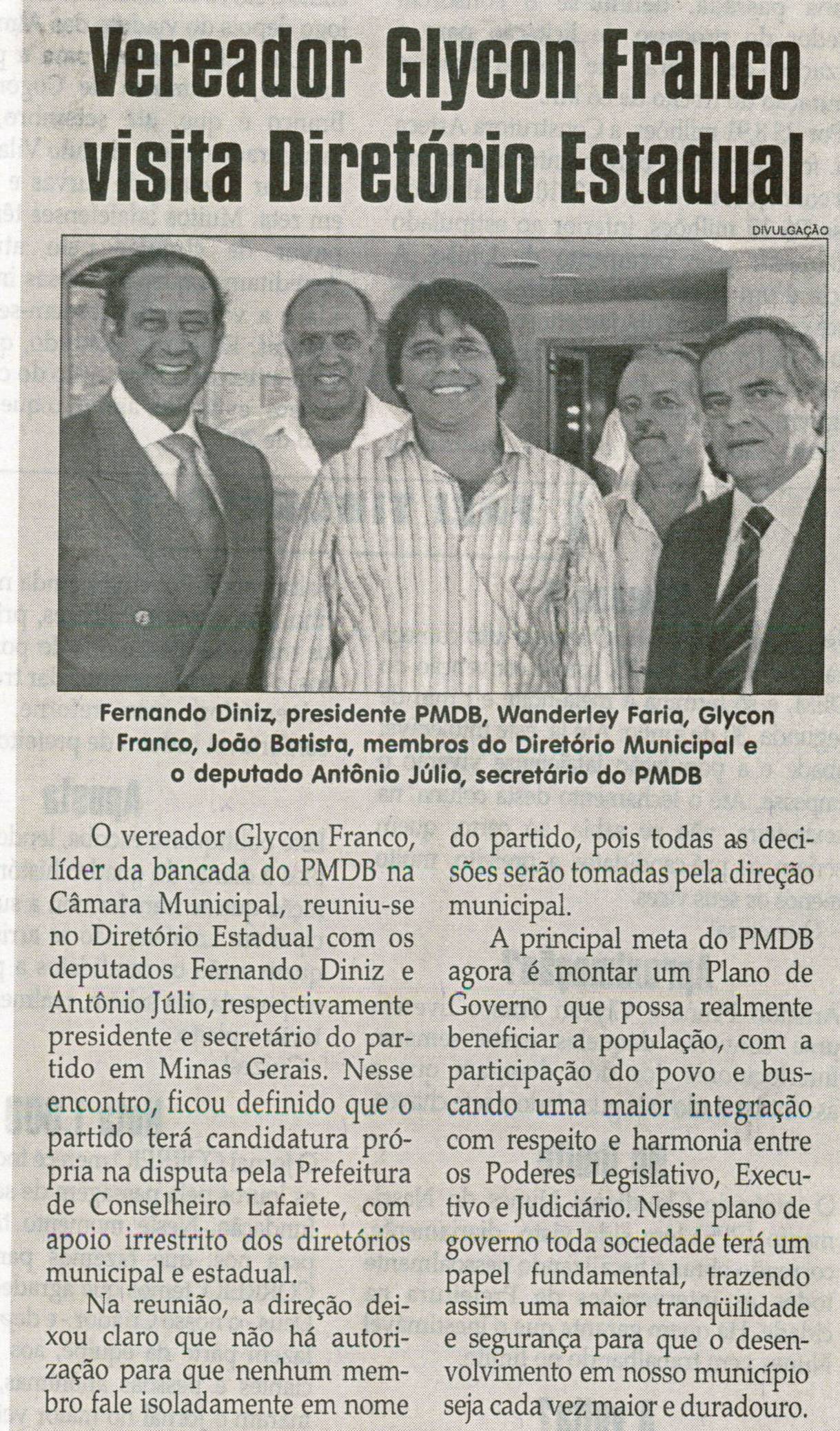 Vereador Glycon Franco visita Diretório Estadual. Jornal Correio da Cidade, Conselheiro Lafaiete, 21 jun 2008, p. 7.