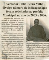 Vereador Hélio Ferro Velho divulga número de indicações que foram solicitadas ao prefeito Municipal no ano de 2005 e 2006. Jornal Nova Gazeta, Conselheiro Lafaiete, 13 jan. 2007, 446ª ed., p. 02.