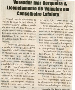 Vereador Ivar Cerqueira & Licenciamento de Veículos em Conselheiro Lafaiete. Jornal Nova Gazeta, 09 set. 2006, 429ª ed., p. 02.