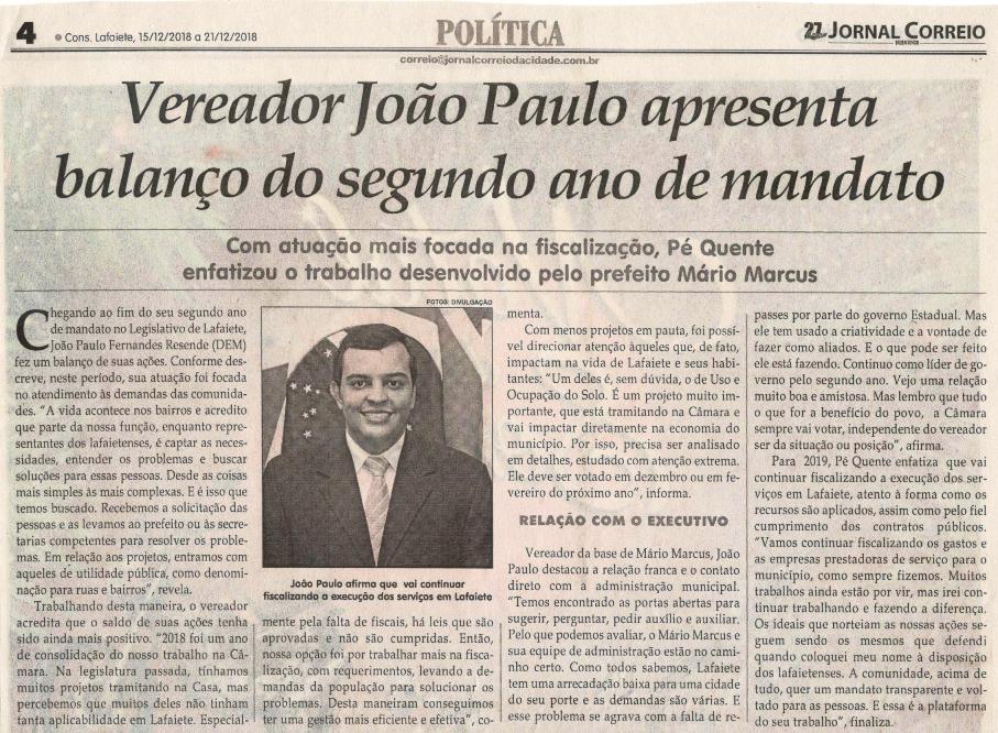 Vereador João Paulo apresenta balanço do segundo ano de mandato. Jornal Correio da Cidade, Conselheiro Lafaiete, 15 dez. 2018 a 21 dez. 2018, 1452ª ed., Caderno Política, p. 4.