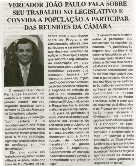 Vereador João Paulo fala sobre seu trabalho no legislativo e convida a população a participar das reuniões da Câmara. Jornal Nova Gazeta, Conselheiro Lafaiete, 19 a 25 nov, 896ª ed., ano XXX, Caderno Gerais, p. 8.