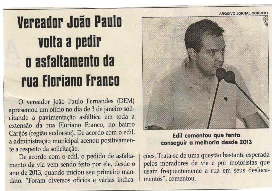 Vereador João Paulo volta a pedir o asfaltamento da rua Floriano Franco. Jornal Correio da Cidade, Conselheiro Lafaiete, 25 fev. 2017 a 03 mar. 2017, 1358ª ed.,Caderno Política, p. 6.