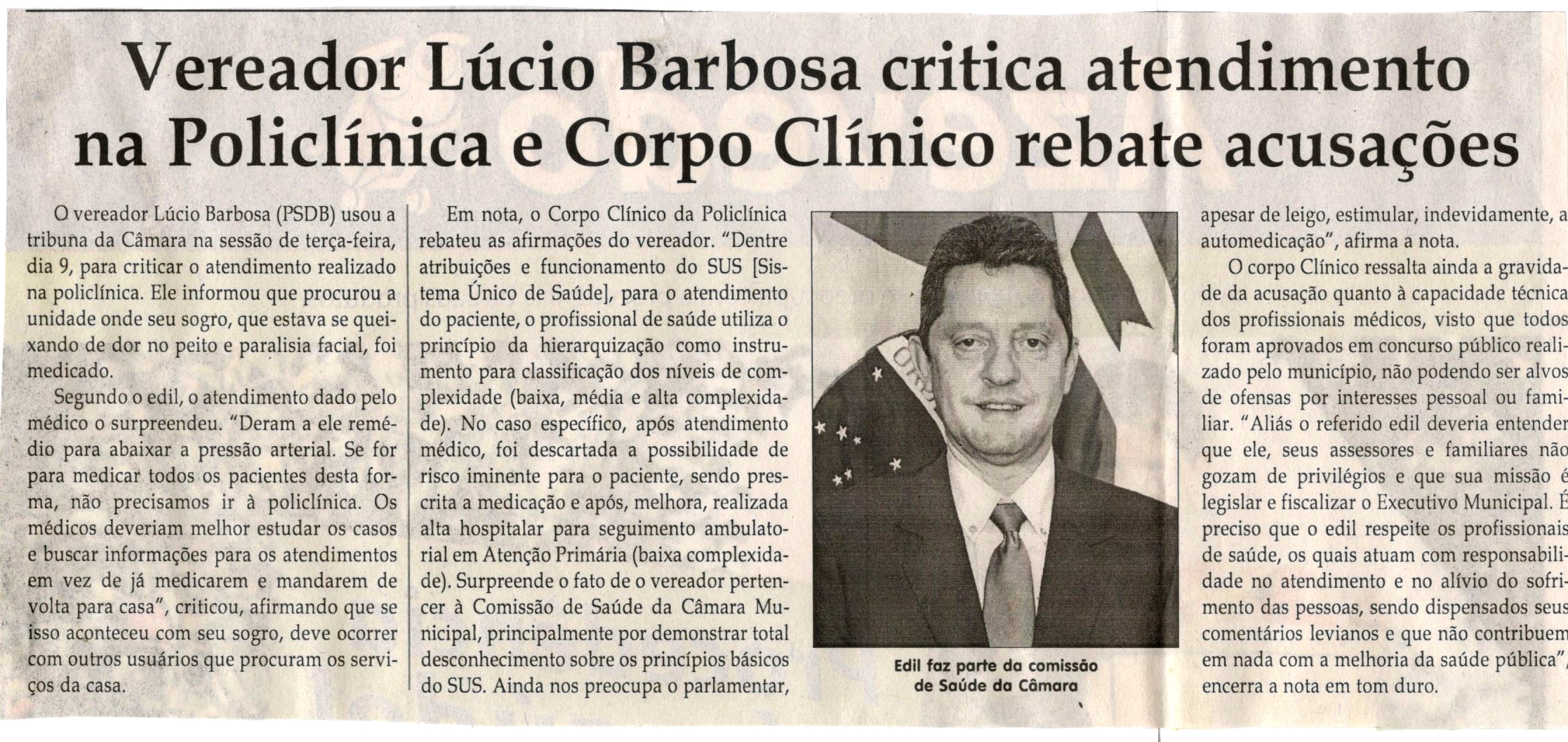 Vereador Lúcio Barbosa critica atendimento na Policlínica e Corpo Clínico rebate acusações. Jornal Correio da Cidade, Conselheiro Lafaiete, 11 nov. 2017 a 17 nov. 2017, 1395ª ed., Caderno Política, p 6.