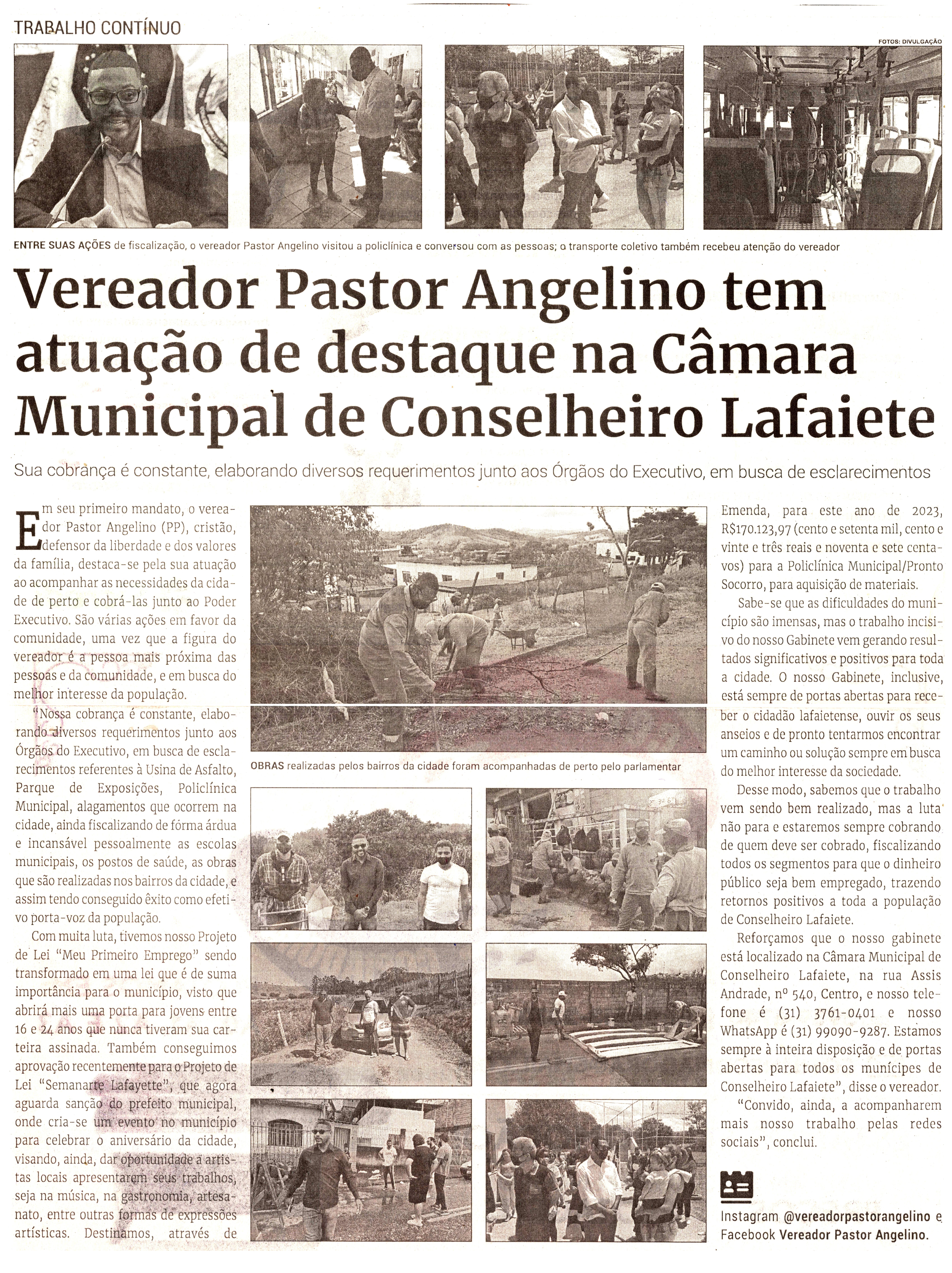 Vereador Pastor Angelino tem atuação de destaque na Câmara Municipal de Conselheiro Lafaiete. Jornal Correio da Cidade, Conselheiro Lafaiete de 25 a 31 de mar. de 2023, 1672ª ed. Caderno Política, p. 4.