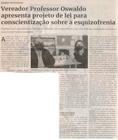 Vereador Professor Oswaldo apresenta projeto de lei para conscientização sobre a esquizofrenia. Jornal Correio, Conselheiro Lafaiete, 21 Agosto 2021, 1590ª ed., Caderno política, p. 06.