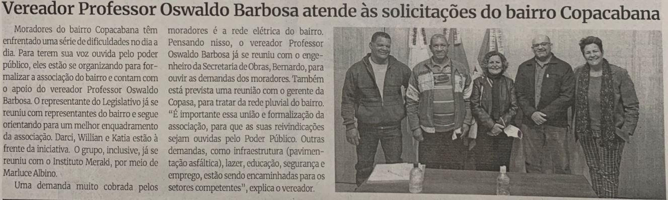 Vereador Professor Oswaldo Barbosa atende às solicitações do bairro Copacabana. Jornal Correio da Cidade, Conselheiro Lafaiete, 28 de mai. de 2022, 1629ª ed., Caderno Política, p. 4.