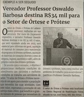 Vereador Professor Oswaldo Barbosa destina R$34 mil para Setor de Órtese e Prótese. Jornal Correio da Cidade, Conselheiro Lafaiete, 14 de mai. de 2022, 1627ª ed., Caderno Política, p. 6.