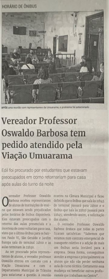 Vereador Professor Oswaldo Barbosa tem pedido atendido pela viação Umuarama. Jornal Correio da Cidade, Conselheiro Lafaiete, 05 de fev. de 2022, 1613ª ed., Caderno Política, p. 4.