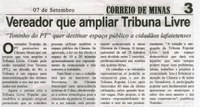 Vereador quer ampliar Tribuna Livre: "Toninho do PT" quer destinar espaço público a cidadãos lafaietenses. Correio de Minas, Conselheiro Lafaiete, 07 set. 2013, p. 03.