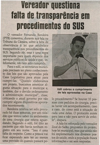  Vereador questiona falta de transparência em procedimento do SUS. Jornal Correio da Cidade, Conselheiro Lafaiete, 04 a 10 jun. 2016, 1320ª ed., Caderno Política, p. 6.