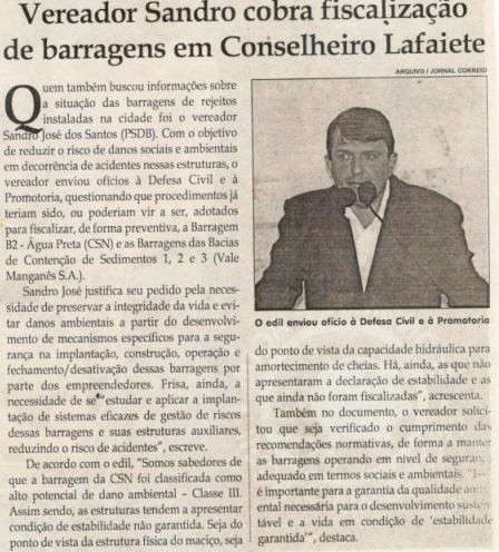 Vereador Sandro cobra fiscalização de barragens em Conselheiro Lafaiete. Jornal Correio da Cidade, 02 fev. 2019 a 08 fev. 2019. 1459ª ed., Caderno Política, p. 6.