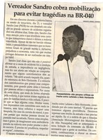 Vereador Sandro cobra mobilização para evitar tragédias na BR-040. Jornal Correio da Cidade, Conselheiro Lafaiete, 17 mar. 2018 a 23 mar. 2018, 1413ª ed., Caderno Política, p. 6. 