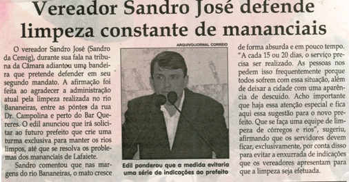 Vereador Sandro defende limpeza constante de  mananciais. Jornal Correio da Cidade, Conselheiro Lafaiete, 05 a 11 nov. 2016, 1342ª ed., Caderno Política, p .6.