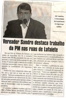 Vereador Sandro destaca trabalho da PM nas ruas de Lafaiete. Jornal Correio da Cidade, Conselheiro Lafaiete, 04 nov. 2017 a 10 nov. 2017, 1394ª ed., Caderno Política, p 6.