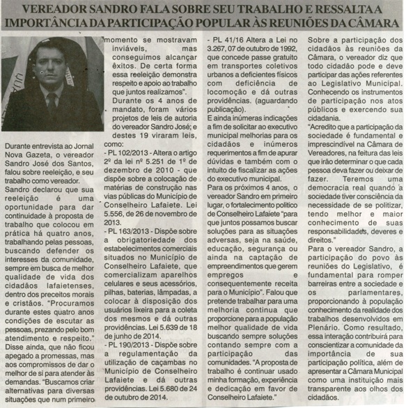 Vereador Sandro fala sobre o seu trabalho e ressalta a importância da participação popular às reuniões da Câmara. Jornal Correio da Cidade, 22 a 28 out. 2016,, 1340ª ed., CP , p. 4.
