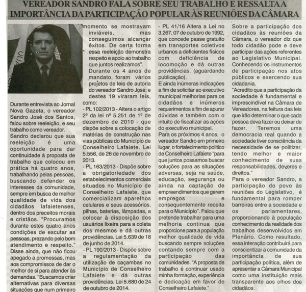 Vereador Sandro fala sobre seu trabalho e ressalta a importância da participação popular às reuniões da Câmara. Jornal Nova Gazeta, 894ª ed. , Ano XXX, Caderno Gerais, p. 04.