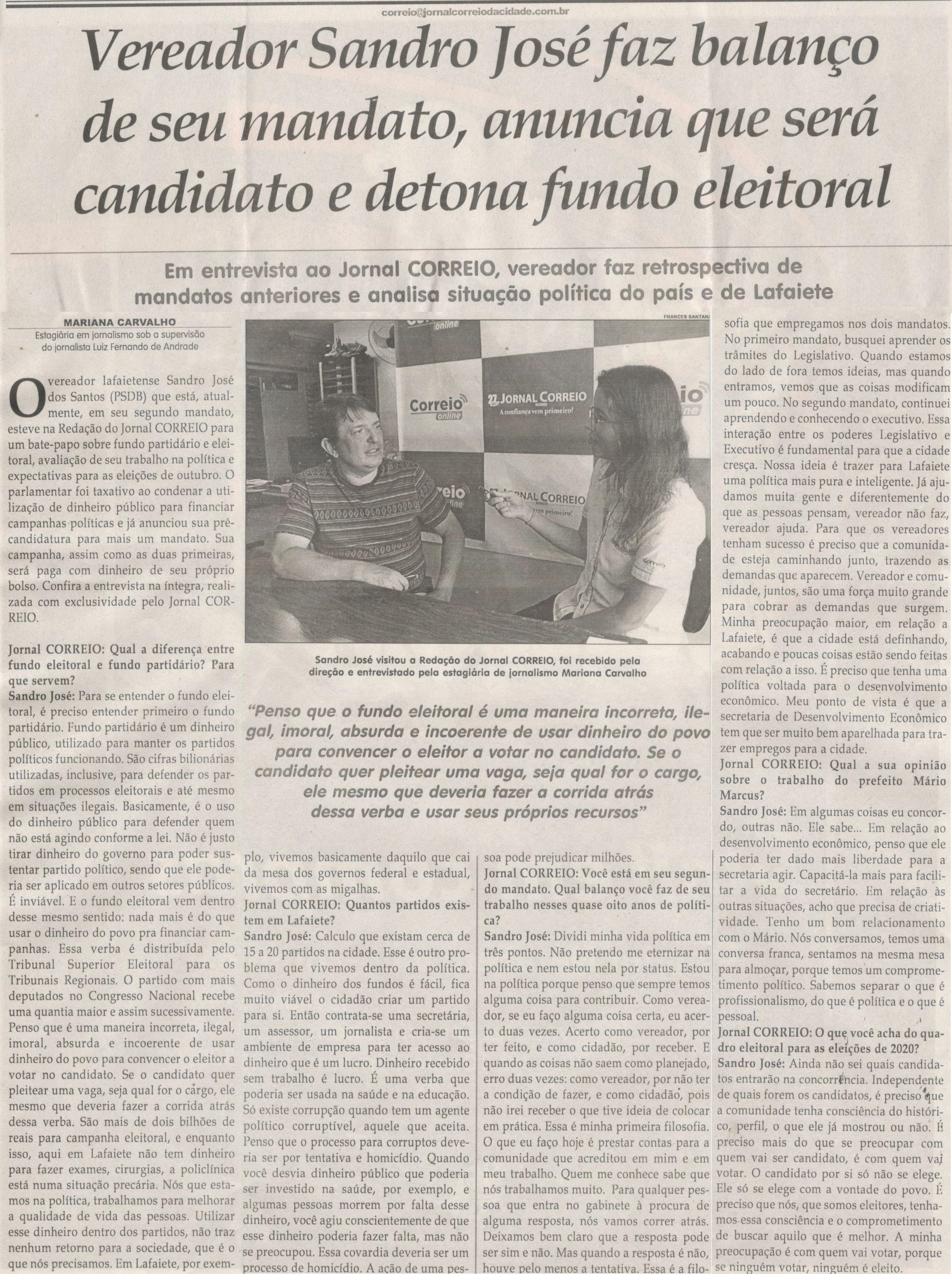 VEREADOR Sandro José faz balanço de seu mandato, anuncia que será candidato e detona o fundo eleitoral. Jornal Correio da Cidade, Conselheiro Lafaiete, 18 a 24 jan. 2020. 1508ª ed. Caderno Política, p. 6.