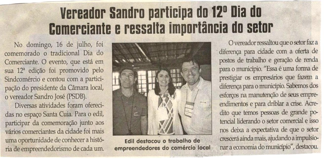 Vereador Sandro participar do 12° Dia do Comerciante e ressalta importância do setor. Jornal Correio da Cidade, Conselheiro Lafaiete, 22 jul. 2017 a 28 jul. 2017, 1379ª ed., Caderno Política,p.6.