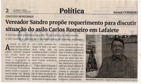 Vereador Sandro propõe requerimento para discutir situação do asilo Carlos Romeiro em Lafaiete.   Jornal Correio da Cidade, Conselheiro Lafaiete de 02 a 08 de mar de 2024, 1719ª ed., Política, p. 02.