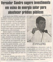 Vereador Sandro sugere investimento em usina de energia solar para abastecer prédios públicos. Jornal Correio da Cidade, Conselheiro Lafaiete, 13 mai. 2017 a 19 mai. 2017, 1369ª ed., Caderno Política,p. 6.
