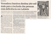 Vereadora Damires destina 360 mil reais para a inclusão das pessoas com deficiência em Lafaiete. Jornal Correio da Cidade, Conselheiro Lafaiete, 08 a 14 nov. 2025, 1804ª ed., Últimas, p. 27.