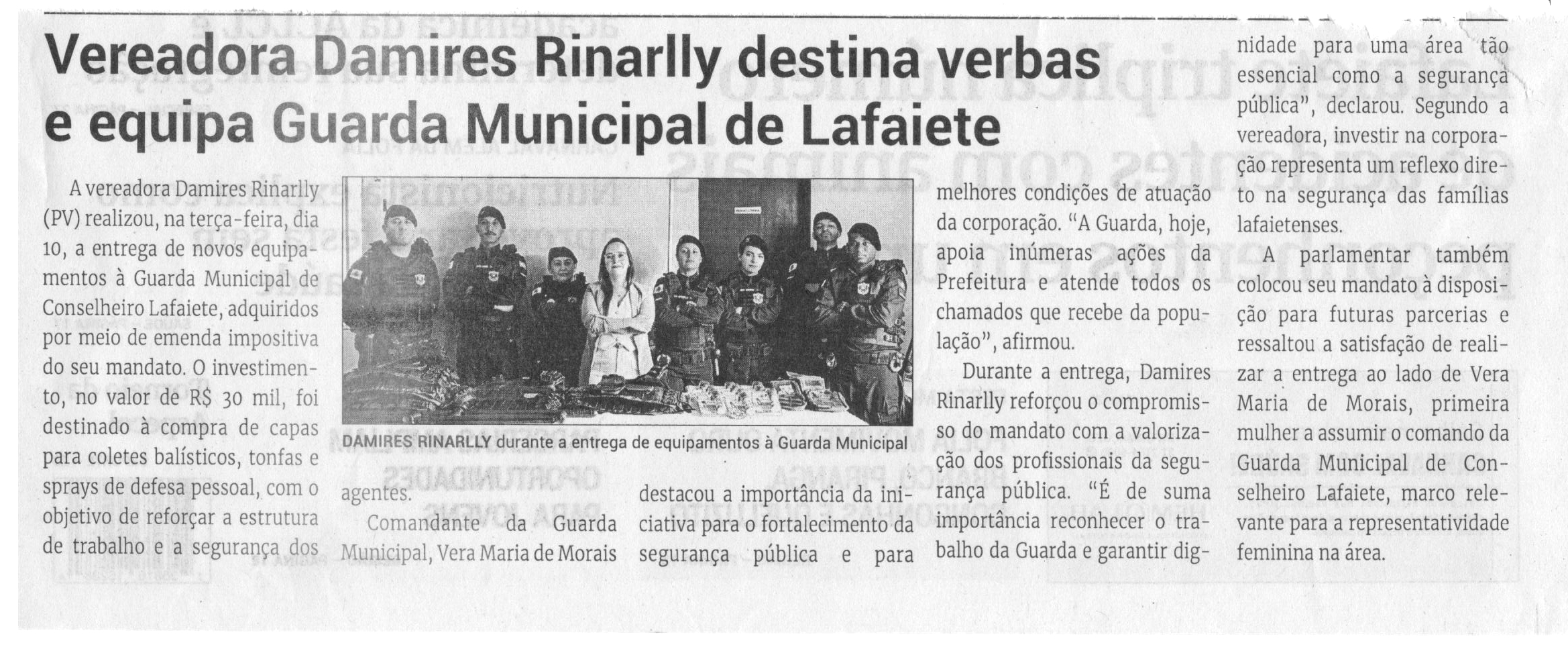 Vereadora Damires Rinarlly destina verbas e equipa Guarda Municipal de Lafaiete. Jornal Correio da Cidade, Conselheiro Lafaiete, 14 a 20 fev. 2026, 1815ª ed., Política, p. 2.