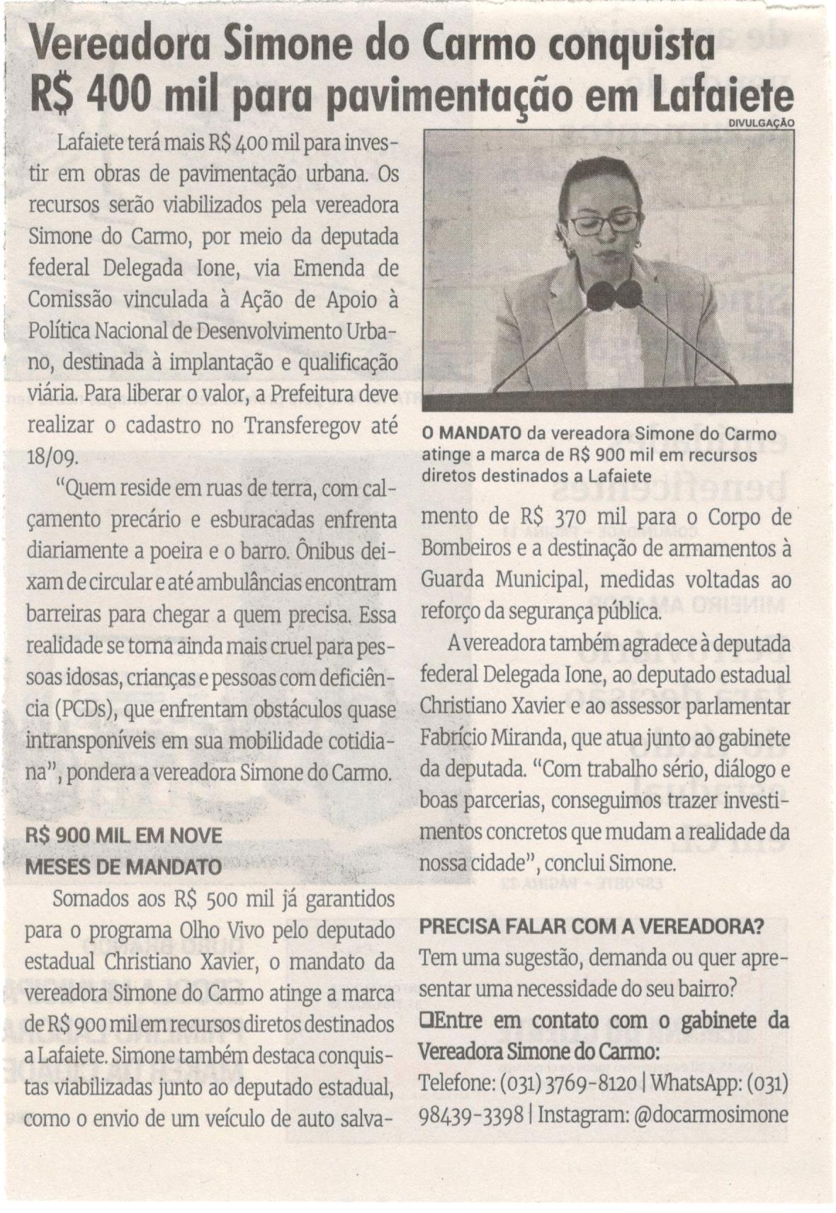 Vereadora Simone do Carmo conquista R$ 400 mil para pavimentação em Lafaiete. Jornal Correio da Cidade, Conselheiro Lafaiete, 13 a 19 set. 2025, 1796ª ed., Política, p. 2.