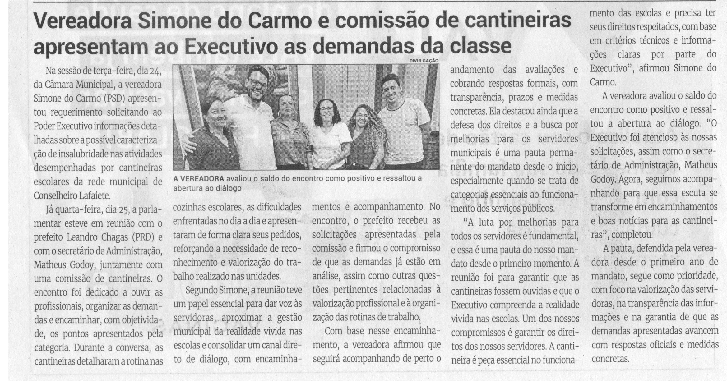 Vereadora Simone do Carmo e comissão de cantineiras apresentam ao Executivo as demandas da classe. Jornal Correio da Cidade, Conselheiro Lafaiete, 28 fev. a 06 mar. 2026, 1816ª ed., Política, p. 4.