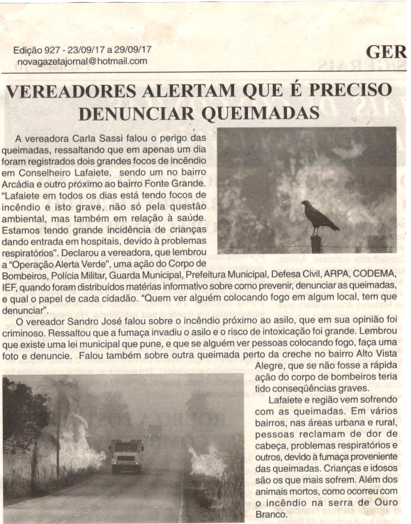 Vereadores alertam que é preciso denunciar queimadas. Jornal Nova Gazeta, Conselheiro Lafaiete, 23 set. 2017 a 29 set. 2017, 927ª ed., Ano XXXI, Caderno Gerais, p 9.