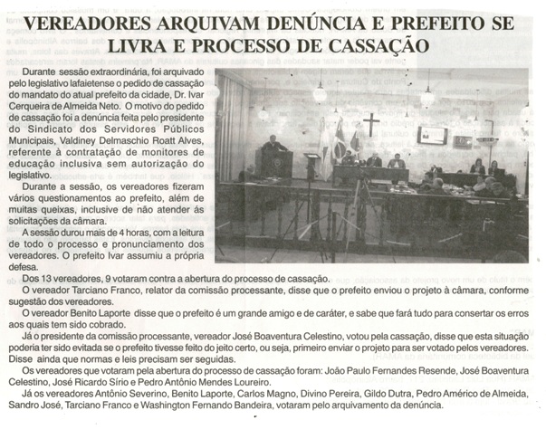Vereadores arquivam denúncia e prefeito se livra e processo de cassação. Jornal Gazeta, Conselheiro Lafaiete, 28 mai. 2016, 879 Ano XXX ed., p. 4.