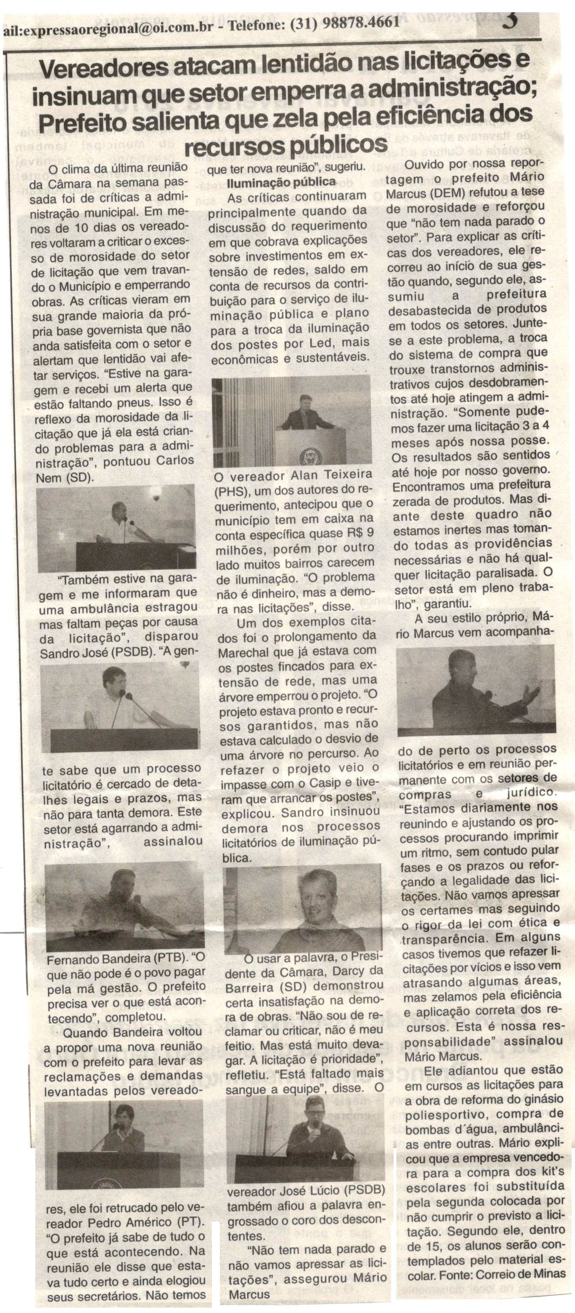 Vereadores atacam lentidão nas licitações e insinuam que setor emperra a administração. Jornal Expressão Regional, Conselheiro Lafaiete, 03 mar. 2018 a 09 mar. 2018, 250ª ed., p 03.