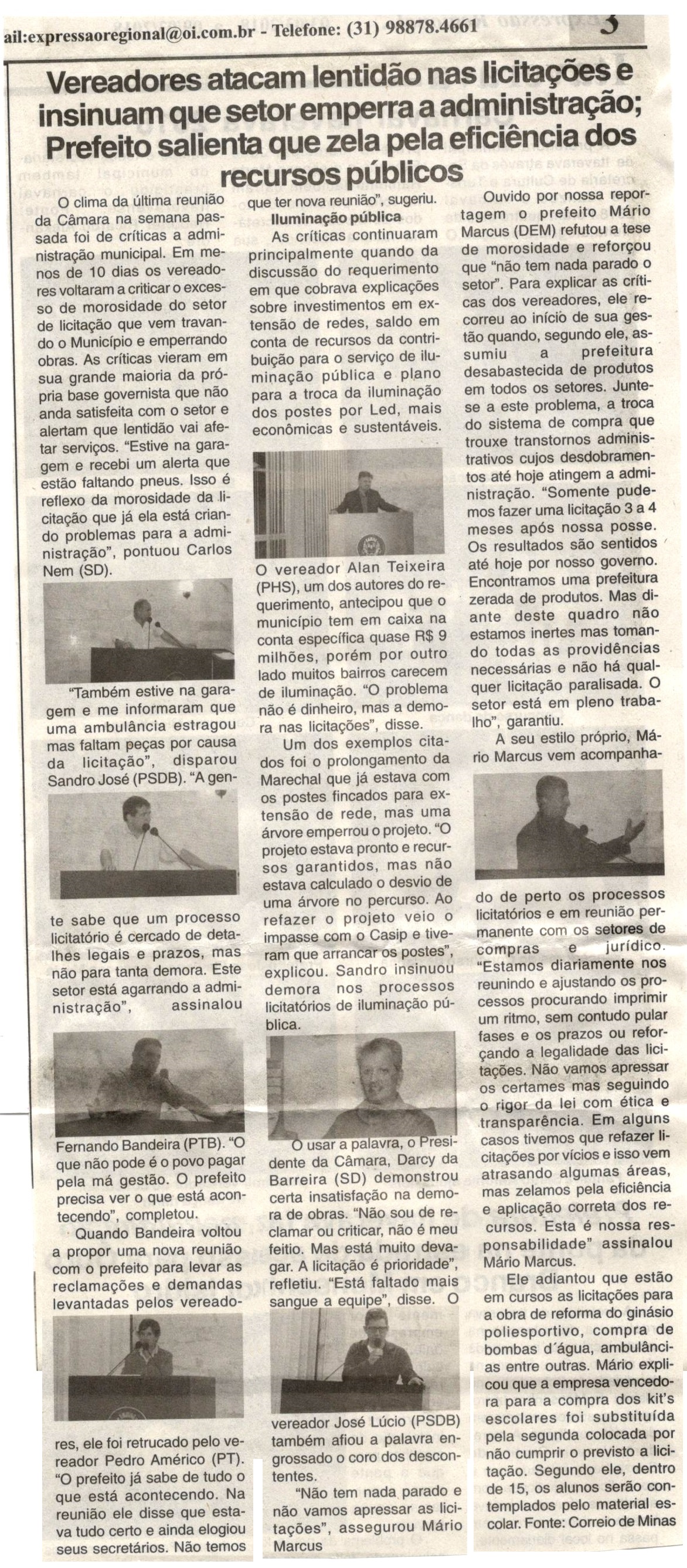 Vereadores atacam lentidão nas licitações e insinuam que setor emperra a administração. Jornal Expressão Regional, Conselheiro Lafaiete, 03 mar. 2018 a 09 mar. 2018, 250ª ed., p 03.