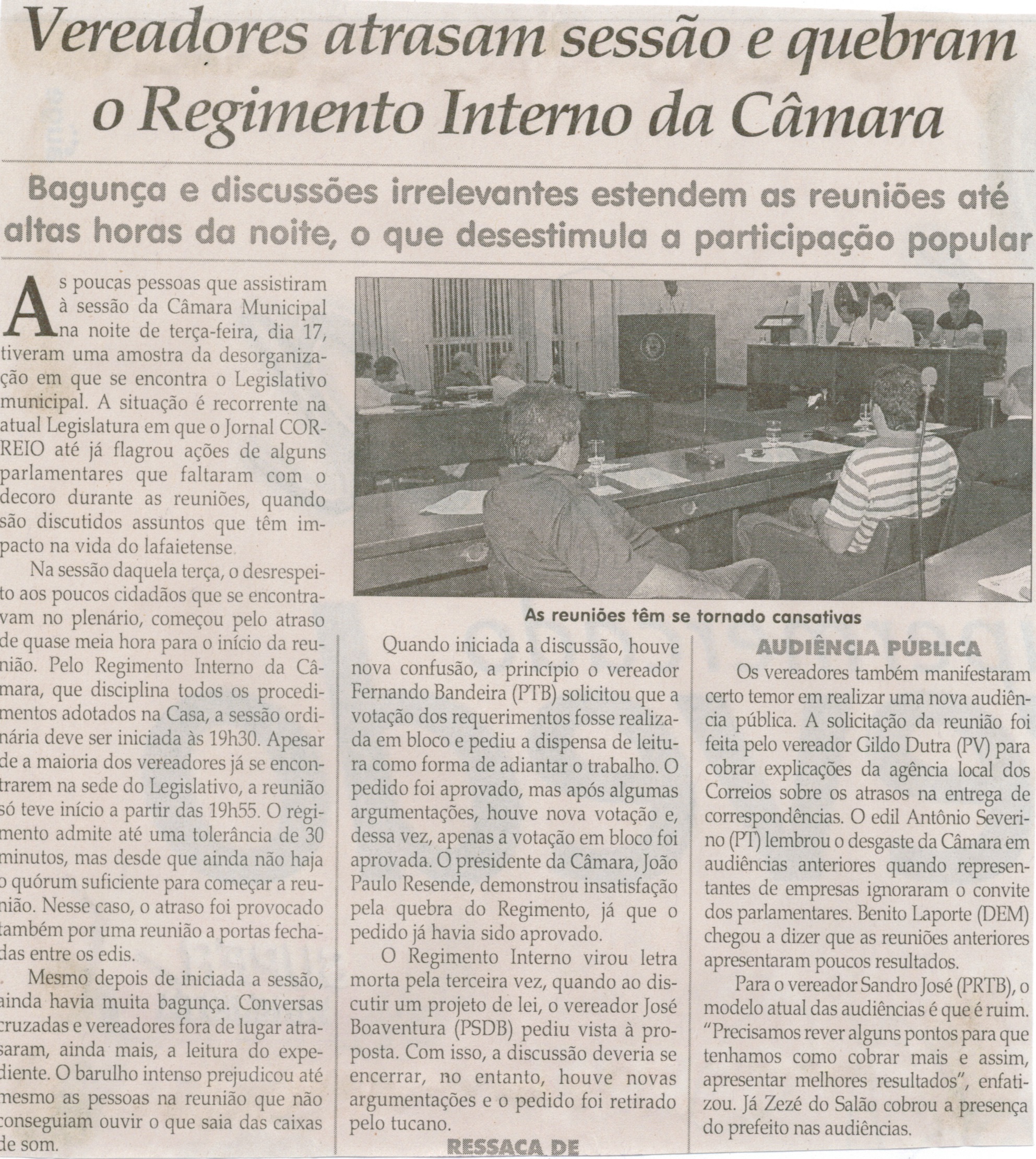 Vereadores atrasam sessão e quebram o Regimento Interno da Câmara. Jornal Correio da Cidade, Conselheiro Lafaiete, 21 mar. 2015, 1257ª ed., p. 06.
