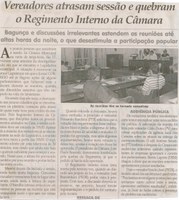 Vereadores atrasam sessão e quebram o Regimento Interno da Câmara. Jornal Correio da Cidade, Conselheiro Lafaiete, 21 mar. 2015, 1257ª ed., p. 06.