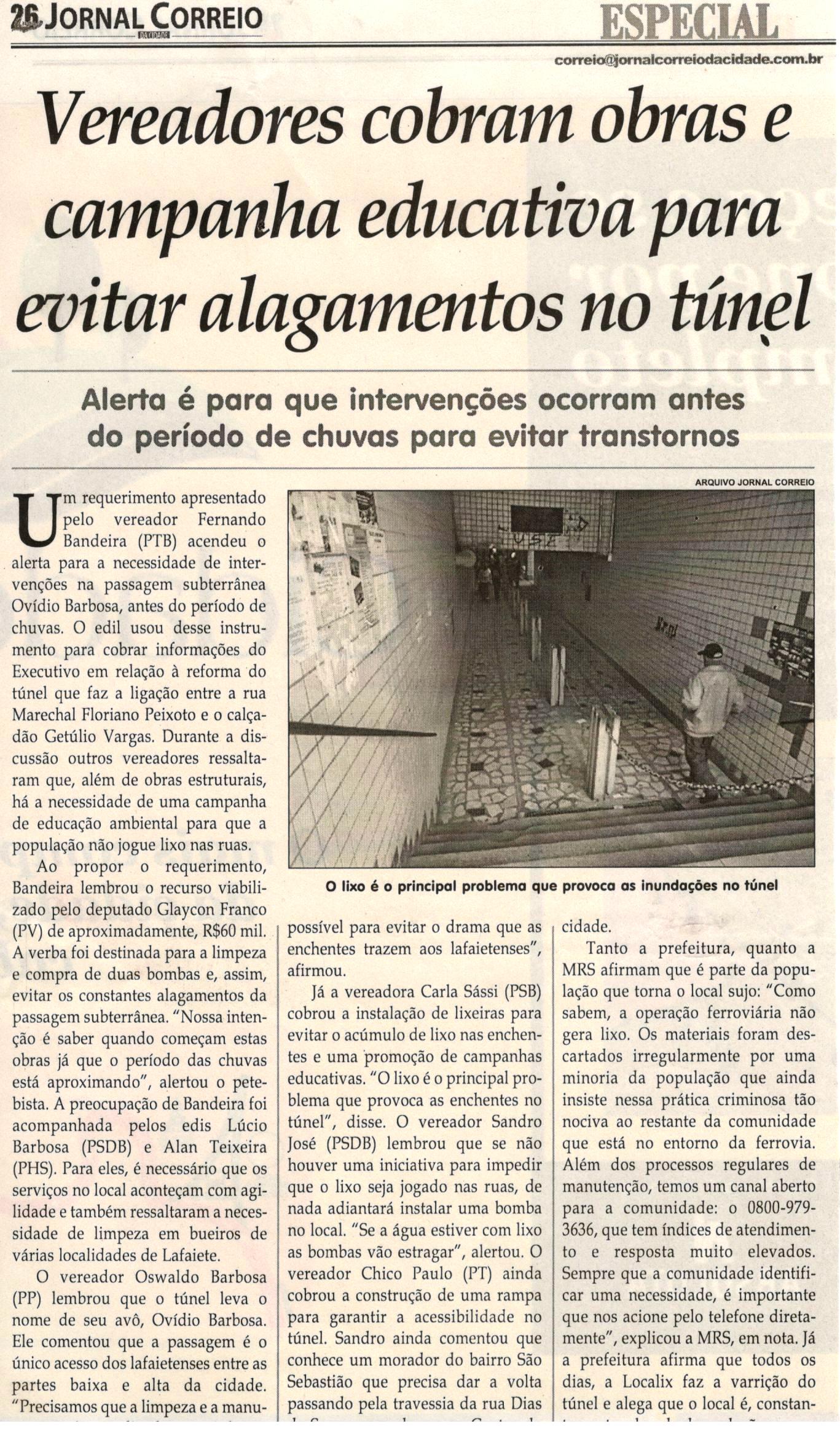 Vereadores cobram obras e campanha educativa para evitar alagamentos no túnel. Jornal Correio da Cidade, Conselheiro Lafaiete, 02 set. 2017 a 08 set. 2017, 1385ª ed., Caderno Especial, p C1.