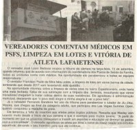 Vereadores comentam médicos em PSFS, limpeza em lotes e vitória de atleta lafaietense. Jornal Nova Gazeta, Conselheiro Lafaiete, 14 set. 2018 a 21 set. 2018, 962ª ed., p. 2.