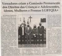 Vereadores criam a Comissão Permanente dos Direitos das Crianças e Adolescentes, Idosos, Mulheres e Pessoas LGBTQIA+. Jornal Correio da Cidade, Conselheiro Lafaiete, 29 mai. 2021, 1578ª ed., Caderno política, p. 04.