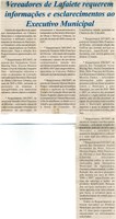 Vereadores de Lafaiete requerem informações e esclarecimentos ao Executivo Municipal. Jornal Nova Gazeta, Conselheiro Lafaiete, 05 abr. 2007, 457ª ed., p. 20.