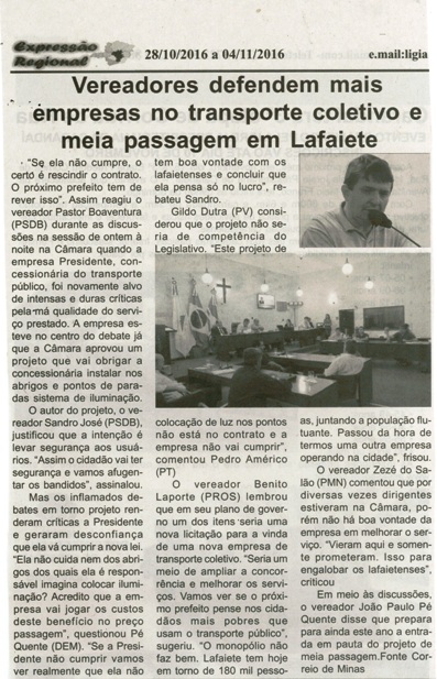 Vereadores defendem mais empresas no transporte coletivo e meia passagem em Lafaiete. Jornal Expressão Regional, 28 out. a 04 nov. 2016, 453Xª ed., p. 7.
