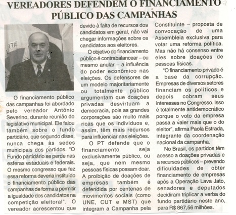 Vereadores defendem o financiamento público das campanhas. Jornal Gazeta, Conselheiro Lafaiete, 02 jul. 2016, 882ª ed., Caderno Gerais, p. 11.
